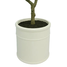 White French-style planter with artificial olive tree trunk and soil