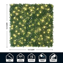 Artificial hedge wall panel with warm white lights, green foliage with size diagram