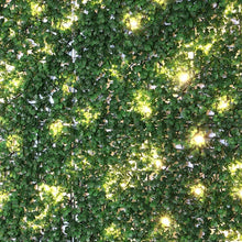 Artificial hedge wall panel with warm white lights embedded in dense green leaves