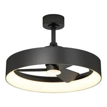 Black LED ceiling light with circular ring and three-blade fan design