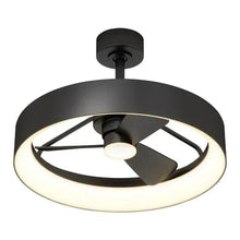 Matte black LED ceiling light with central bulb and three curved blades inside ring