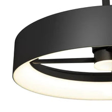 Black LED ceiling light close-up of outer ring and inner three-blade hub