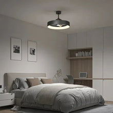 Black LED ceiling fan light fixture with circular ring and three-blade design