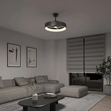 Black LED ceiling fan light fixture with ring glow and three-blade fan center