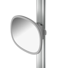Light gray round attachment plate on vertical rail for standing shower caddy