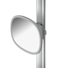 Light gray round shower caddy mounting plate on a vertical pole