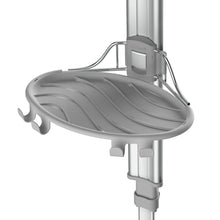Light gray curved base shower shelf platform with raised lip and mounting hooks