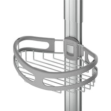 Light gray wire shower shelf basket with curved bar frame attached to vertical rail