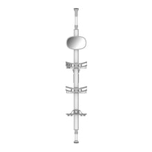 Light gray standing shower caddy with round shower holder and three wire shelves
