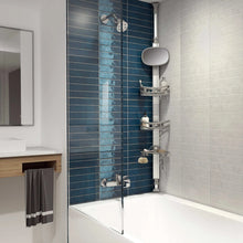 Light gray standing shower caddy with three-tier wire shelves and round shower holder