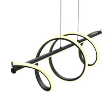 LED pendant light with circular rings and curved arms in black and cream, two hanging cords