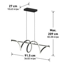 Black LED pendant light with curved ring arms; 27 cm canopy, max 209 cm drop