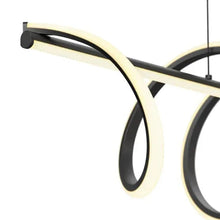 LED pendant light close-up with black loops and cream light strips on metal bar