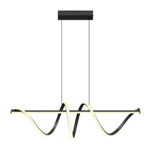 Black and cream LED pendant light with three looping arched arms and straight bar canopy