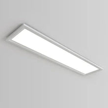 Angled flat panel LED ceiling light with white diffuser and silver mounting frame