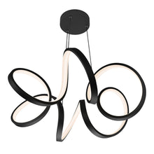 Swirl ribbon LED pendant light with multiple black loop rings and central hanging tube