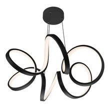 Black ribbon integrated LED pendant light with central stem and four circular rings