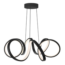 Swirl ribbon LED pendant light with black circular rings and ceiling canopy