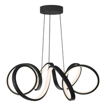 Black ribbon-style integrated LED pendant light with three glowing circular rings