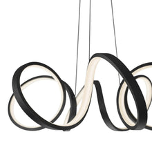Black ribbon integrated LED pendant light with curved arms and glowing circular rings