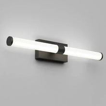 Wall-mounted vanity light with frosted tube, dark backplate, and end caps