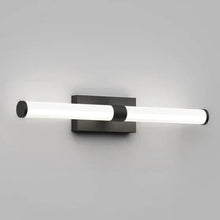 Wall-mounted vanity light with frosted tube, dark backplate, and rounded end caps