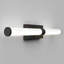 Black wall-mounted vanity light with frosted tube and rectangular backplate