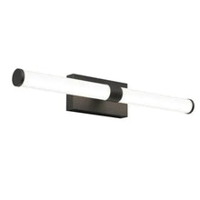 Black vanity light with frosted tube, dark backplate, and rounded end caps