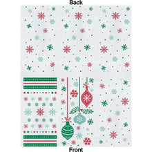 Holiday paper napkin front and back patterns with ornaments and snowflakes in red and green