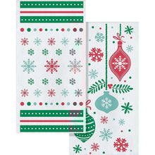 Holiday paper napkin package with ornaments, snowflakes, and striped borders in red and green