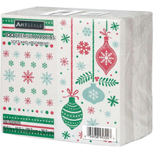 Boxed holiday paper napkins with red ornament and green snowflake pattern, 100 count