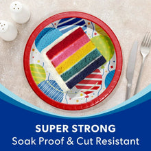 Red paper plate with rainbow colors and balloon confetti party design