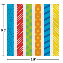 6.5 in colorful striped paper napkin with blue, green, red, and yellow patterns