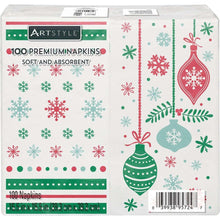 Holiday paper napkins with ornaments and snowflakes in red, green, and blue on white