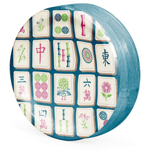 7-inch round paper plate with blue exterior and Mahjong tile pattern