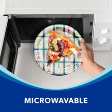Microwavable 7-inch round paper plate with Mahjong tile pattern in microwave