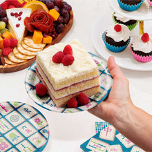 7-inch round paper plate in use with dessert and Mahjong tile design