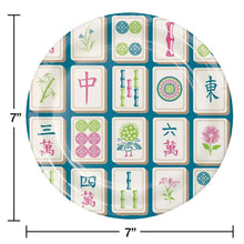 7-inch round paper plate with Mahjong tile pattern and blue rim