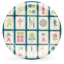 7-inch round paper plate with blue border and Mahjong tile icons