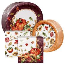 Harvest-themed oval paper plates and napkins with multicolor pumpkins and flowers