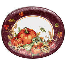 Maroon oval paper plate with pumpkin, leaf, and flower harvest design