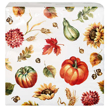 Square paper napkin with scattered pumpkins, flowers, leaves, and gold accents