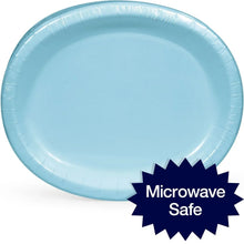 Light blue oval paper plate with microwave-safe label