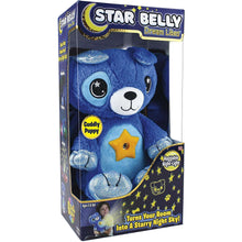 Blue star-belly plush puppy night-light in retail box, soft cuddly toy