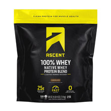 Chocolate whey protein blend pouch, black with yellow top and Ascent logo