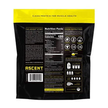 Whey protein powder pouch back with Nutrition Facts panel and mixing instructions