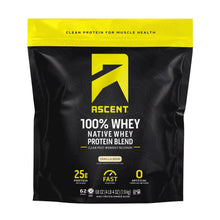 Whey protein powder pouch, black with yellow top and Ascent logo, Vanilla Bean