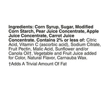 Snack ingredients list with corn syrup, sugar, modified corn starch, and fruit juices