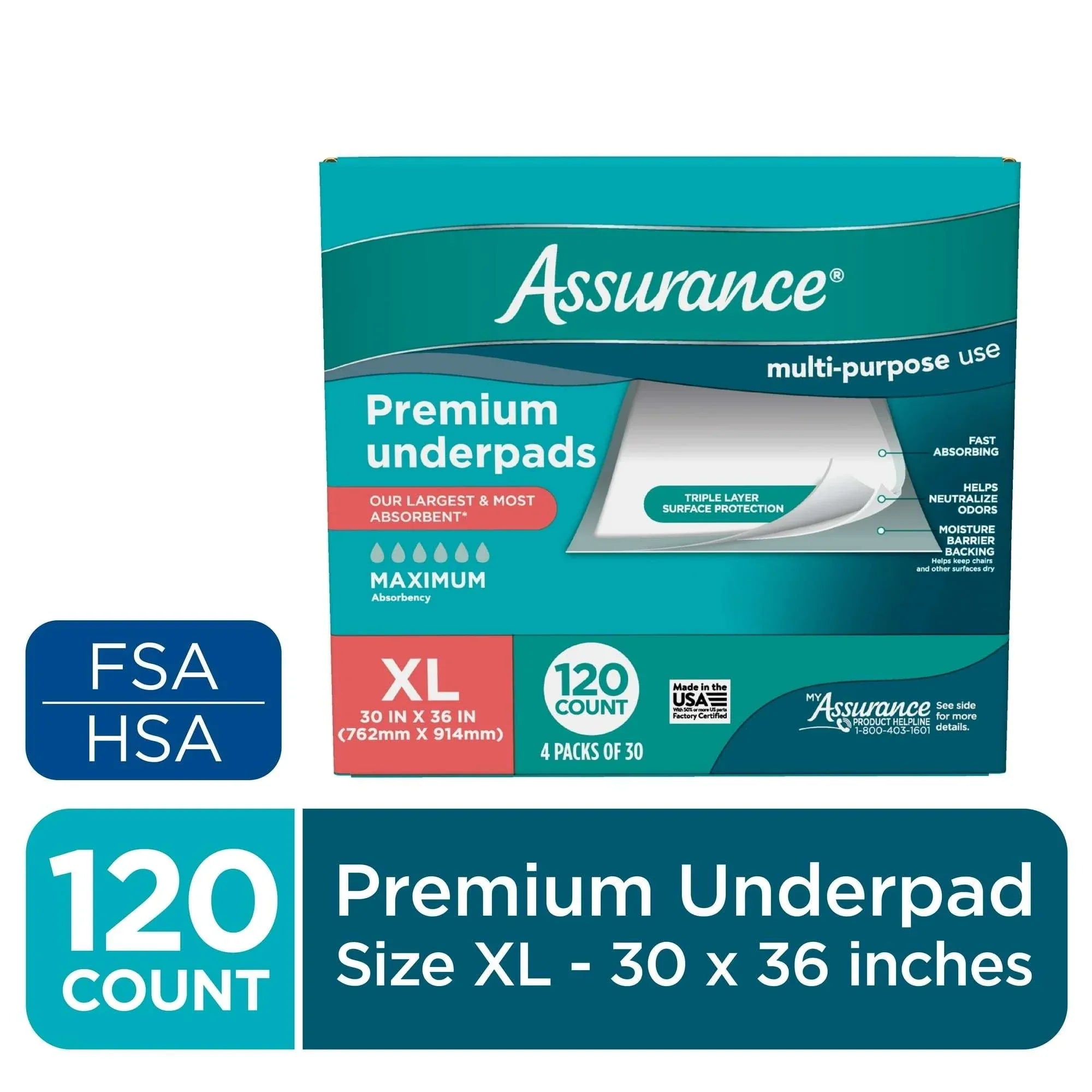 Assurance Unisex Premium Underpad for Adults, XL , Maximum Absorbency (30 Count)