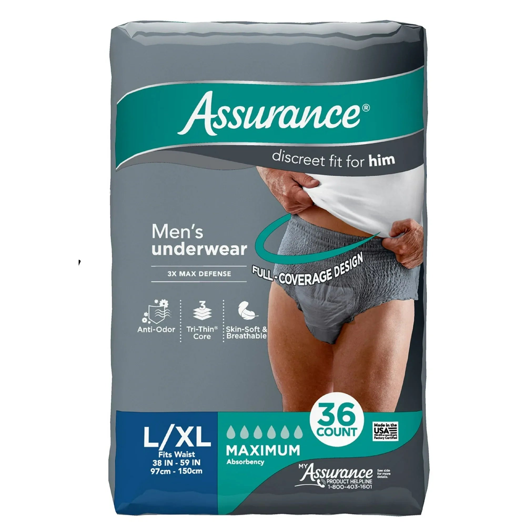 Assurance Men's Incontinence Underwear, L/XL, Maximum Absorbency, 36 Count